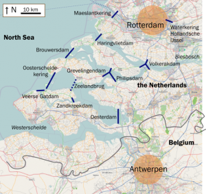 Karte zeigt im Delta errichtet Dämme gegen die Sturmflut in den Niederlanden, zur Verfügung gestellt von Classical Geographer